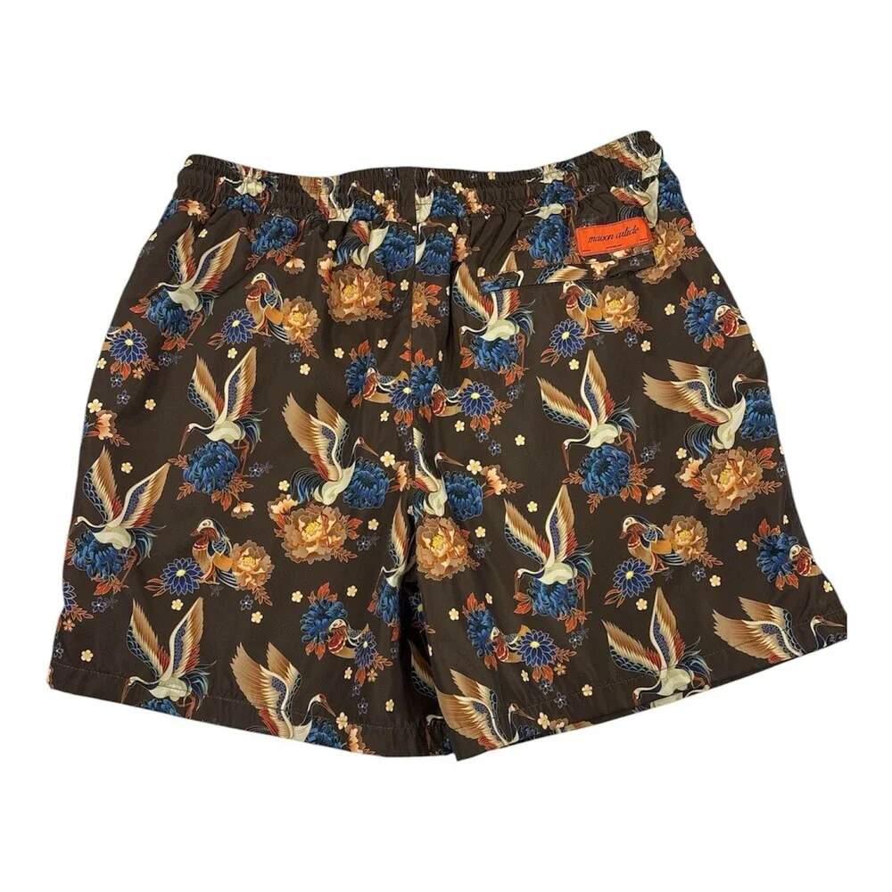 Maison  Article Men’s Brown Bird And Floral Print Swim Trunks Size L